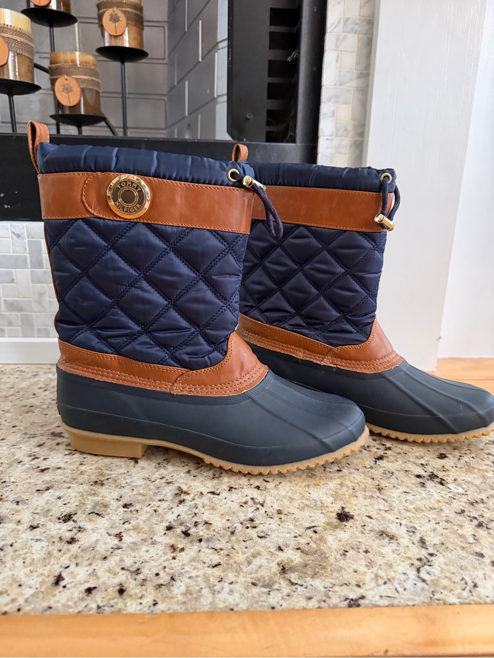 Tommy Hilfiger Navy & Brown Quilted Waterproof Duck Boots